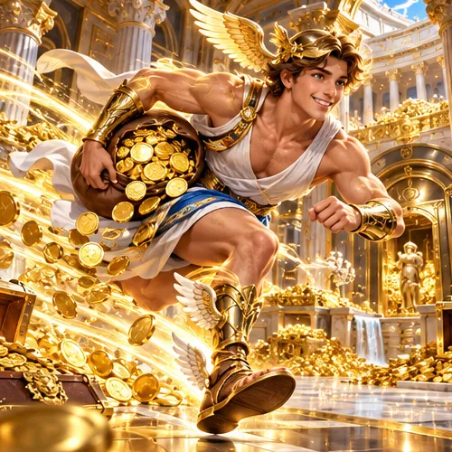 Hermes racing with a sack of gold coins