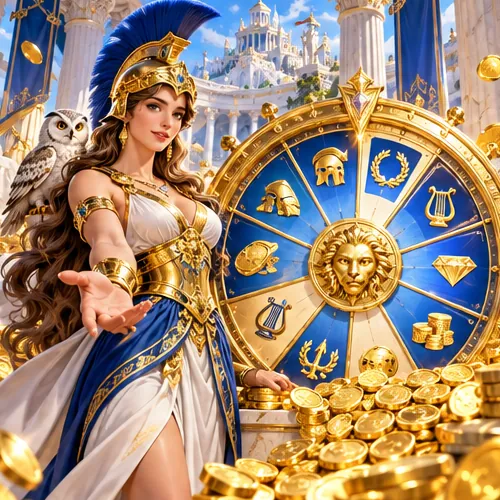 Athena beside the golden bonus wheel